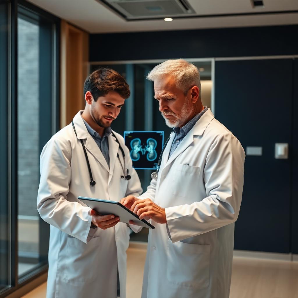 Dois médicos analisando exame de imagem renal em tablet no consultório